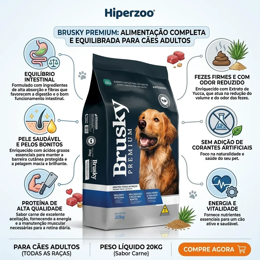 Ração Brusky Premium para Cães Adultos Sabor Carne 20kg - imagem 2