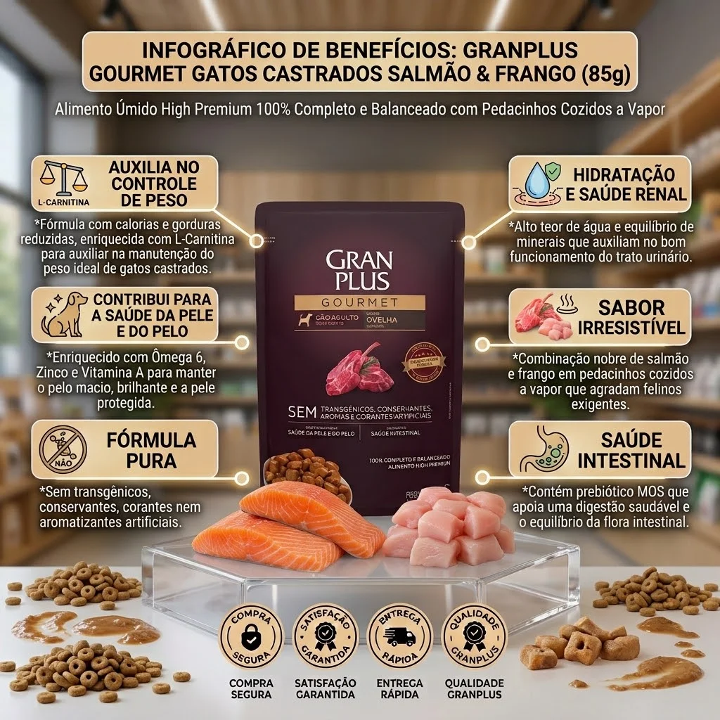 Ração Úmida GranPlus Gourmet Sachê Salmão & Frango para Gatos Castrados 85g - imagem 2