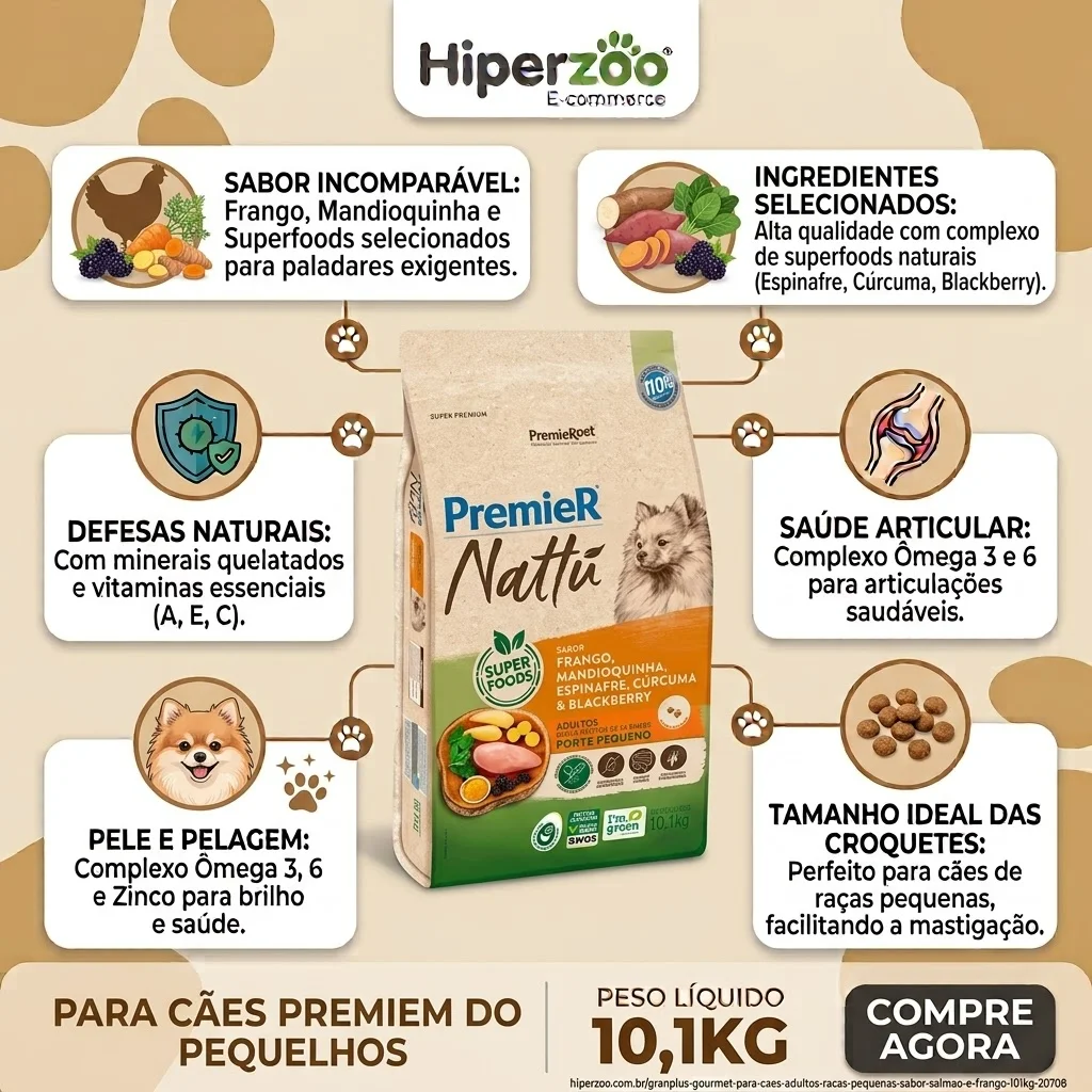 Ração PremieR Nattu Cães Adultos Porte Pequeno Sabor Frango Mandioquinha, Espinafre, Cúrcuma & Blackberry 1Kg - imagem 2