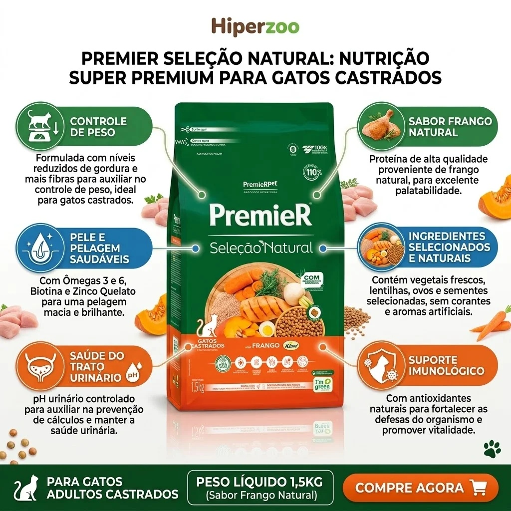 Ração PremieR Seleção Natural para Gatos Castrados Sabor Frango 1,5Kg - imagem 2