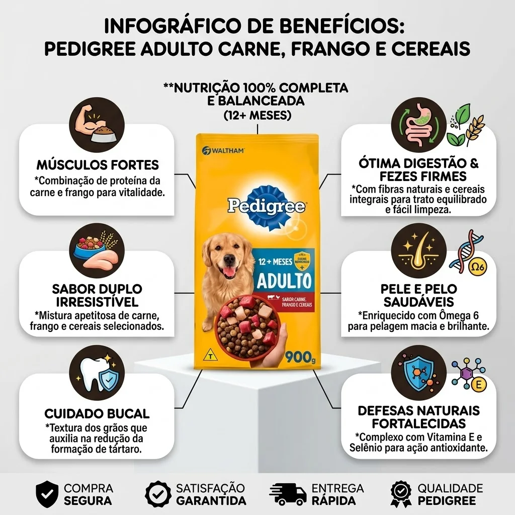  Ração Pedigree para Cães Adultos Sabor Carne e Frango 900g - imagem 2