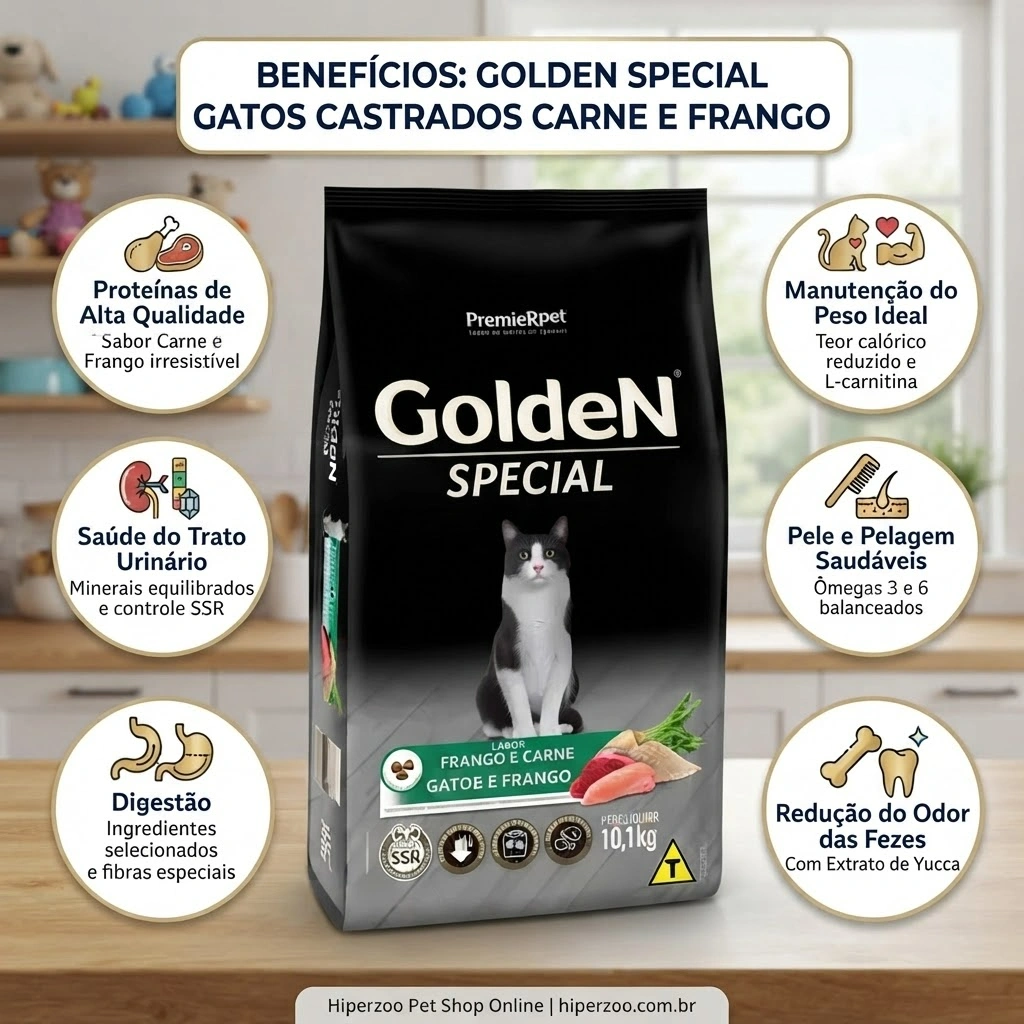 Ração GoldeN para Gatos Castrados Sabor Special Sabor Frango e Carne 10,1Kg - imagem 2