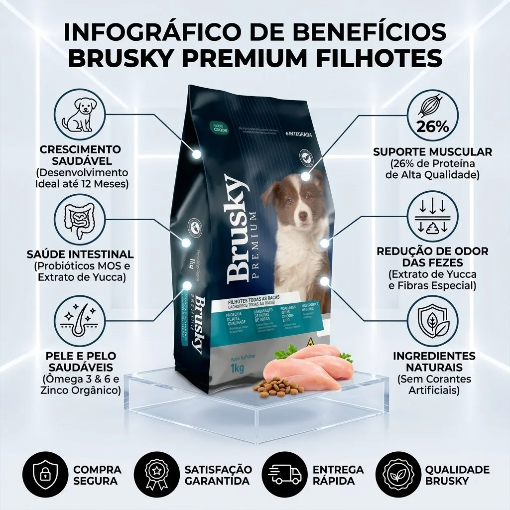 Ração Brusky Premium para Cães Filhotes Sabor Carne 1Kg - imagem 2