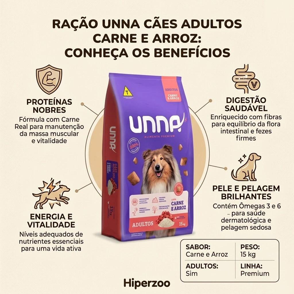 Ração Seca Unna para Cães Adultos Sabor Carne e Arroz 15Kg - imagem 2