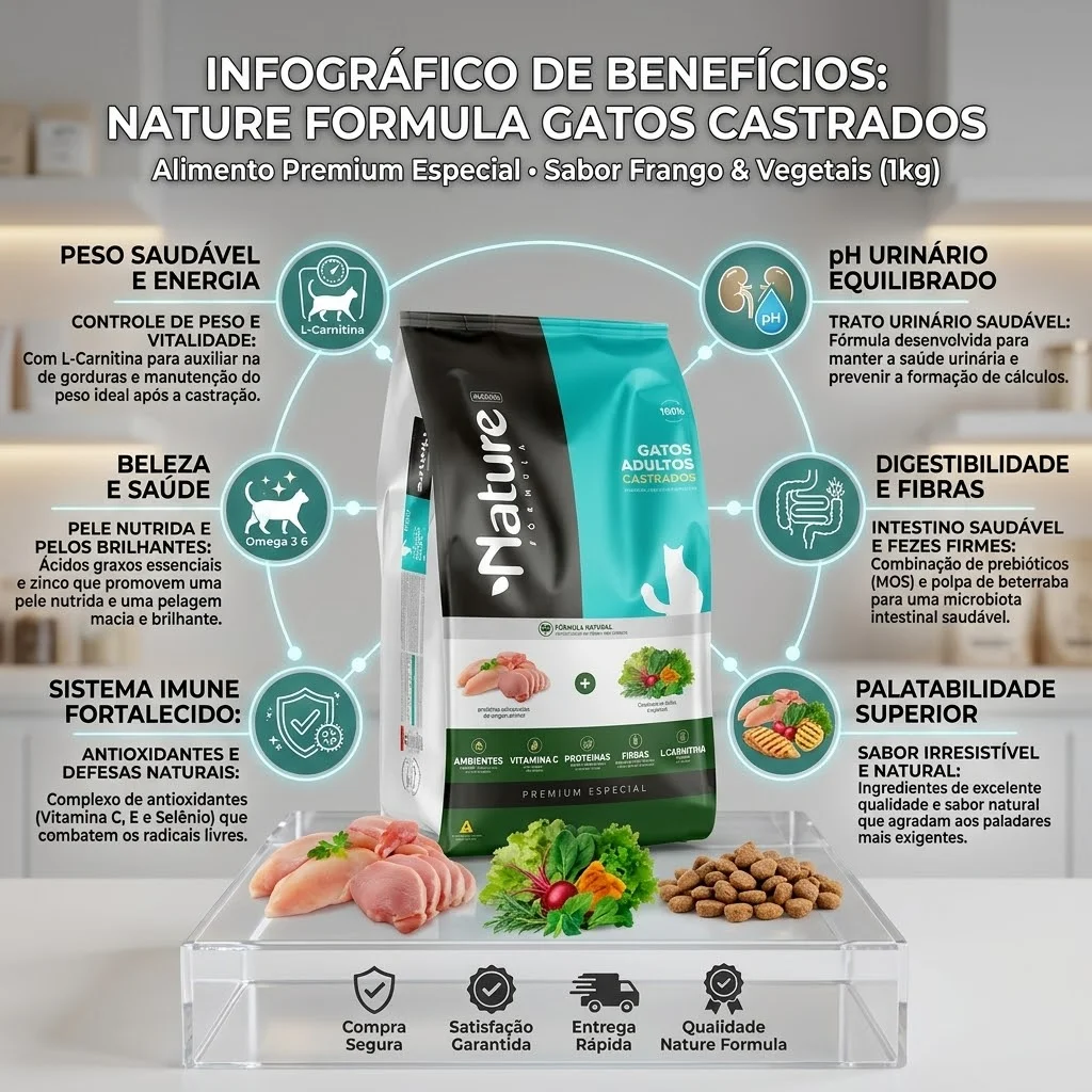 Ração Alinutri Nature Fórmula Super Premium para Gatos Adultos Castrados 1Kg - imagem 2