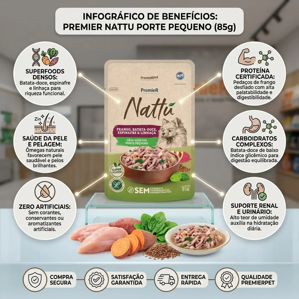 Sachê PremieR® Nattu para Cães Adultos Porte Pequeno Sabor Frango, Batata-doce, Espinafre e Linhaça 85g - imagem 2