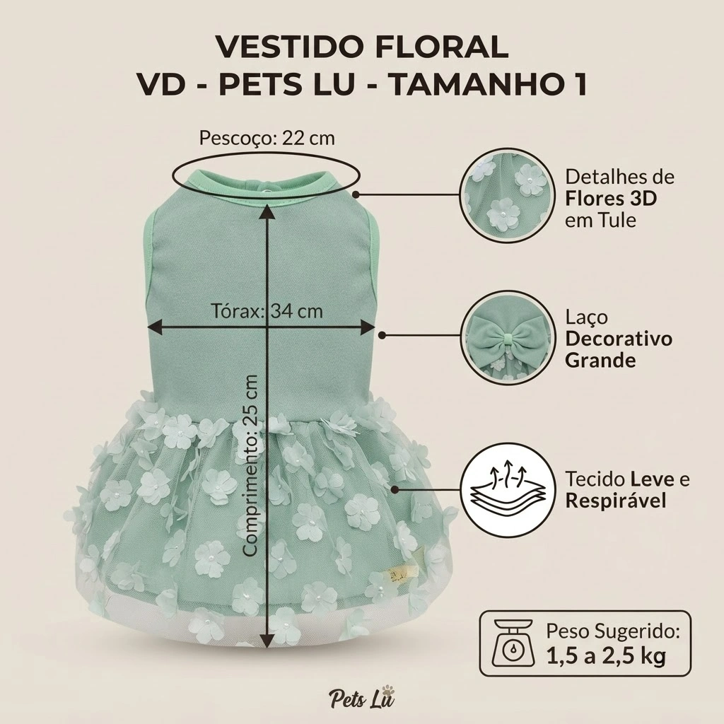 Vestido Pet'Arts Floral Verde para Pets Tamanho 1 - imagem 3