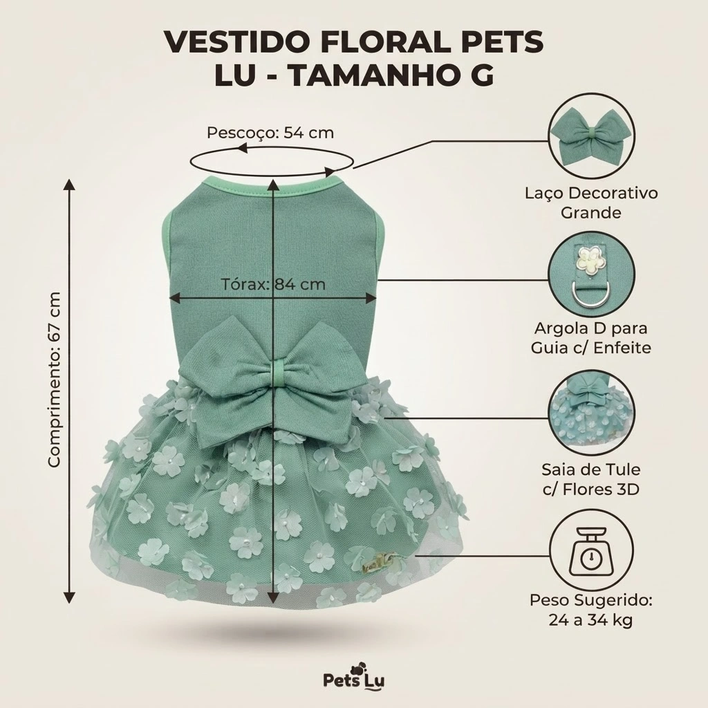 Vestido Pet'Arts Floral Verde para Pets Tamanho G - imagem 2