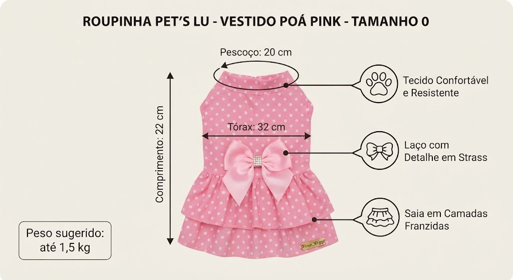 Vestido Pet'Arts Poá Pink para Pets Tamanho 0 - imagem 2