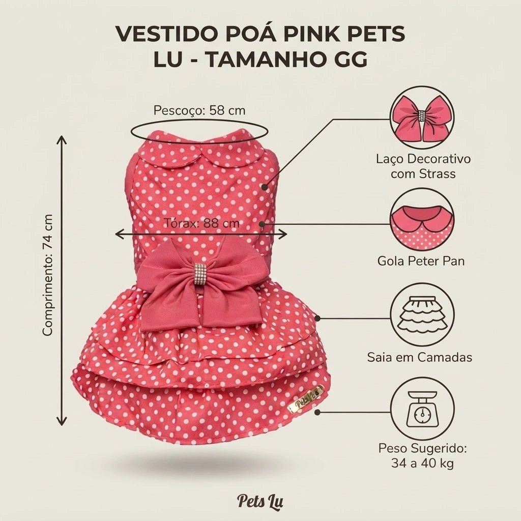 Vestido Pet'Arts Poá Pink para Pets Tamanho GG - imagem 3