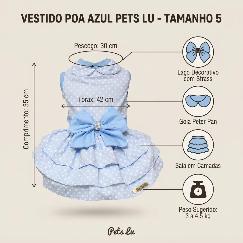 Vestido Pet'Arts Poá Azul para Pets Tamanho 5 - imagem 3
