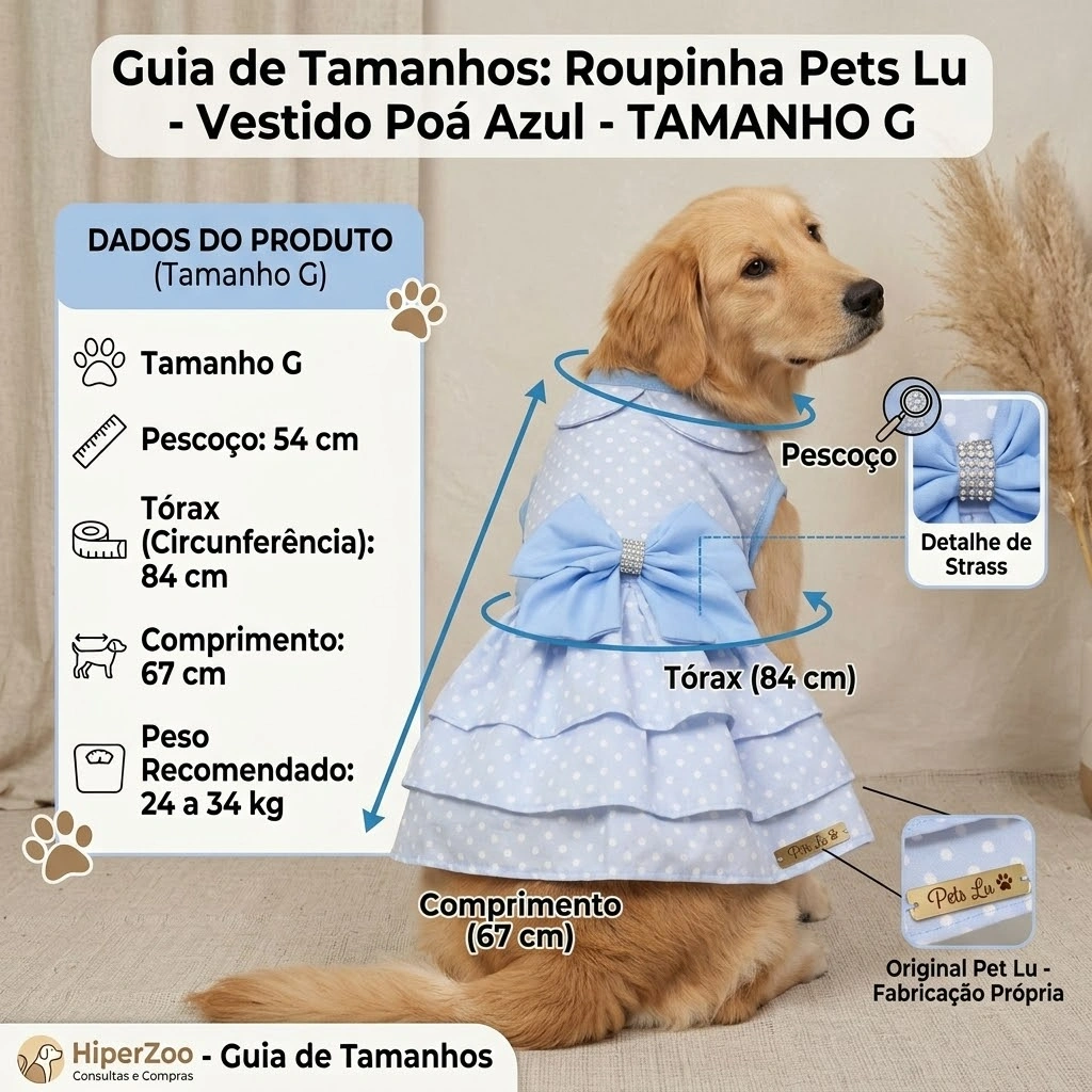 Vestido Pet'Arts Poá Azul para Pets Tamanho G - imagem 2
