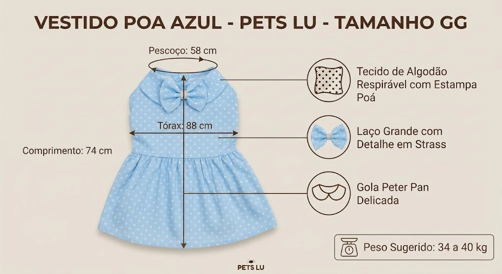 Vestido Pet'Arts Poá Azul para Pets Tamanho GG - imagem 3