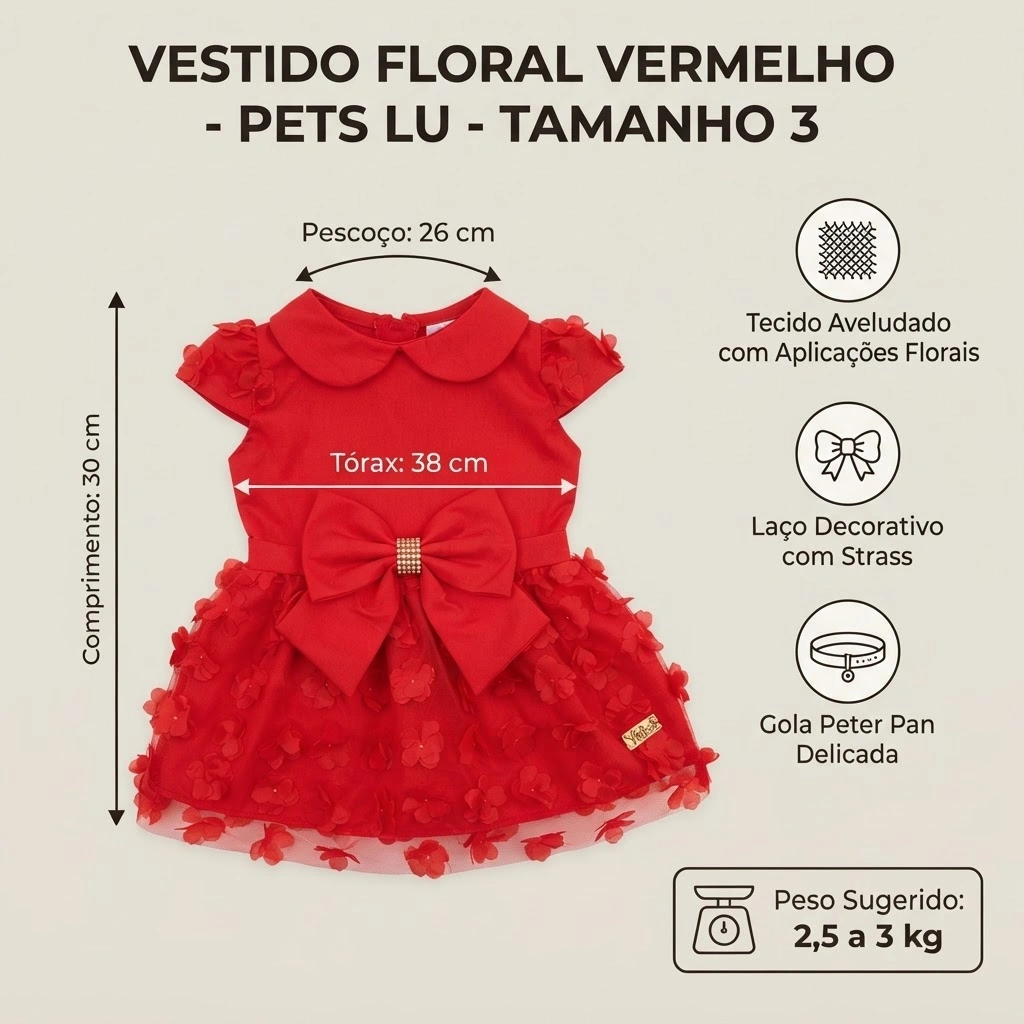 Vestido Pet'Arts Floral Vermelho para Pets Tamanho 3 - imagem 3
