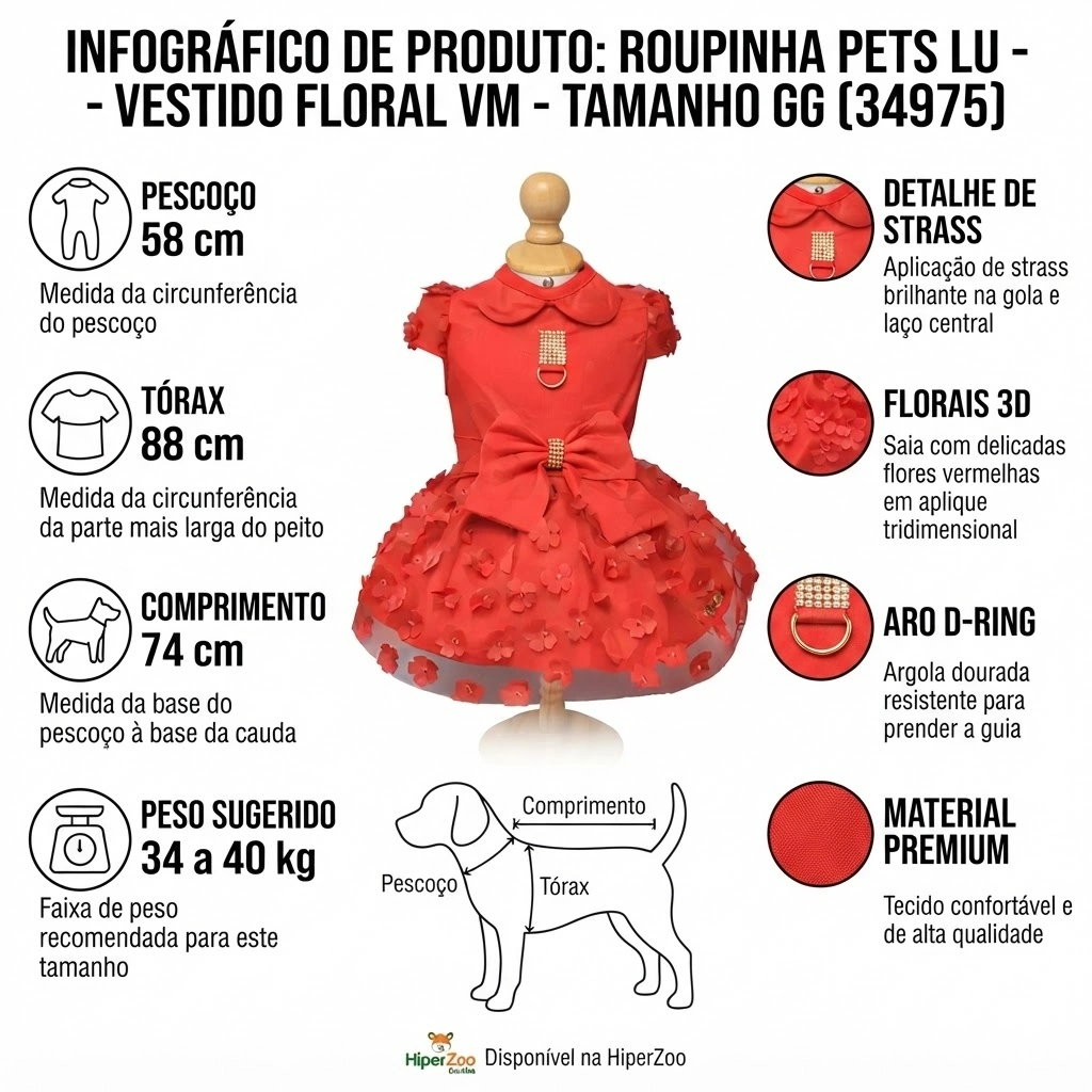 Vestido Pet'Arts Floral Vermelho para Pets Tamanho GG - imagem 3