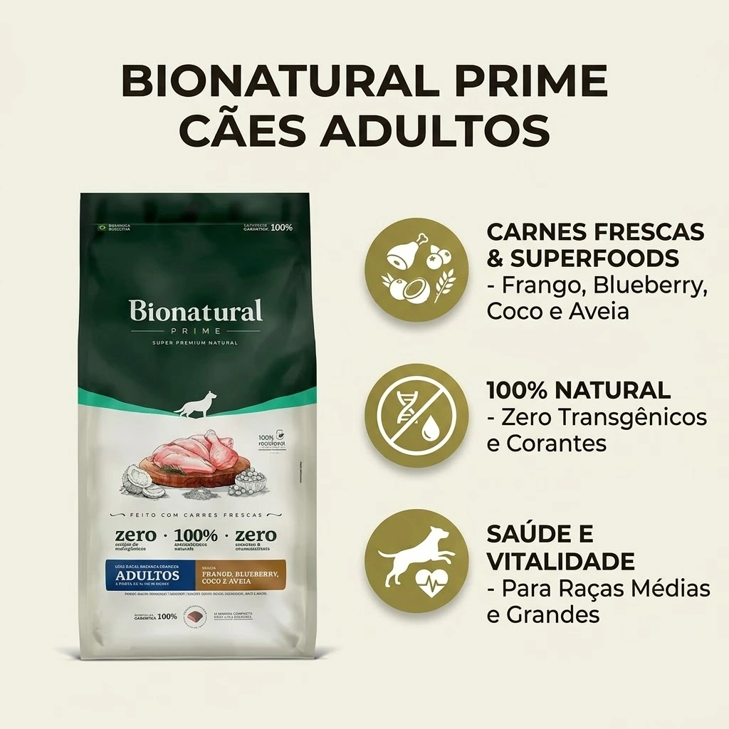 Ração BioNatural Prime para Cães Adultos Raças Médias e Grandes Sabor Frango, Blueberry e Aveia 15Kg - imagem 3