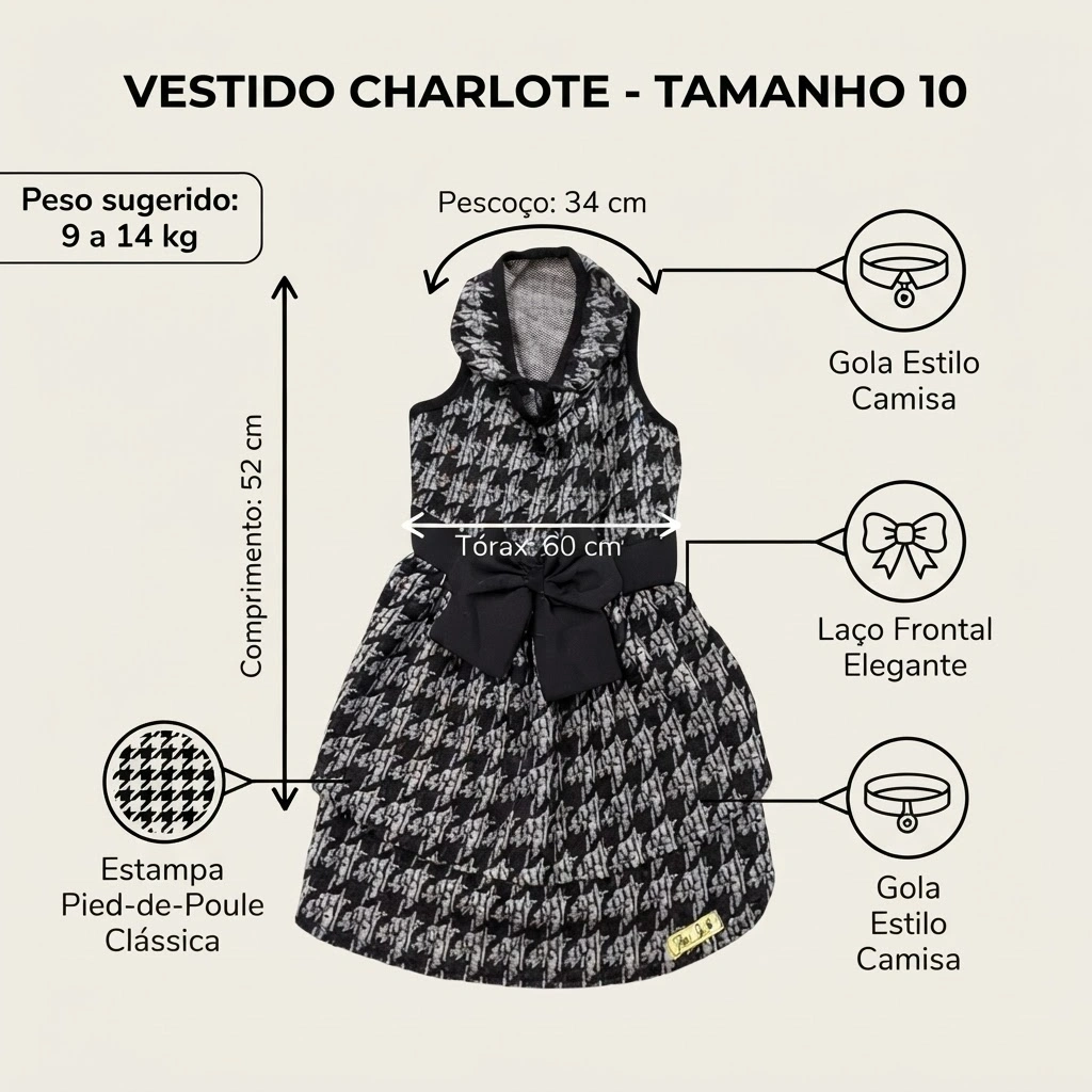 Vestido Pets Lu Charlote Preto e Branco Para Cães Tamanho 10 - imagem 2