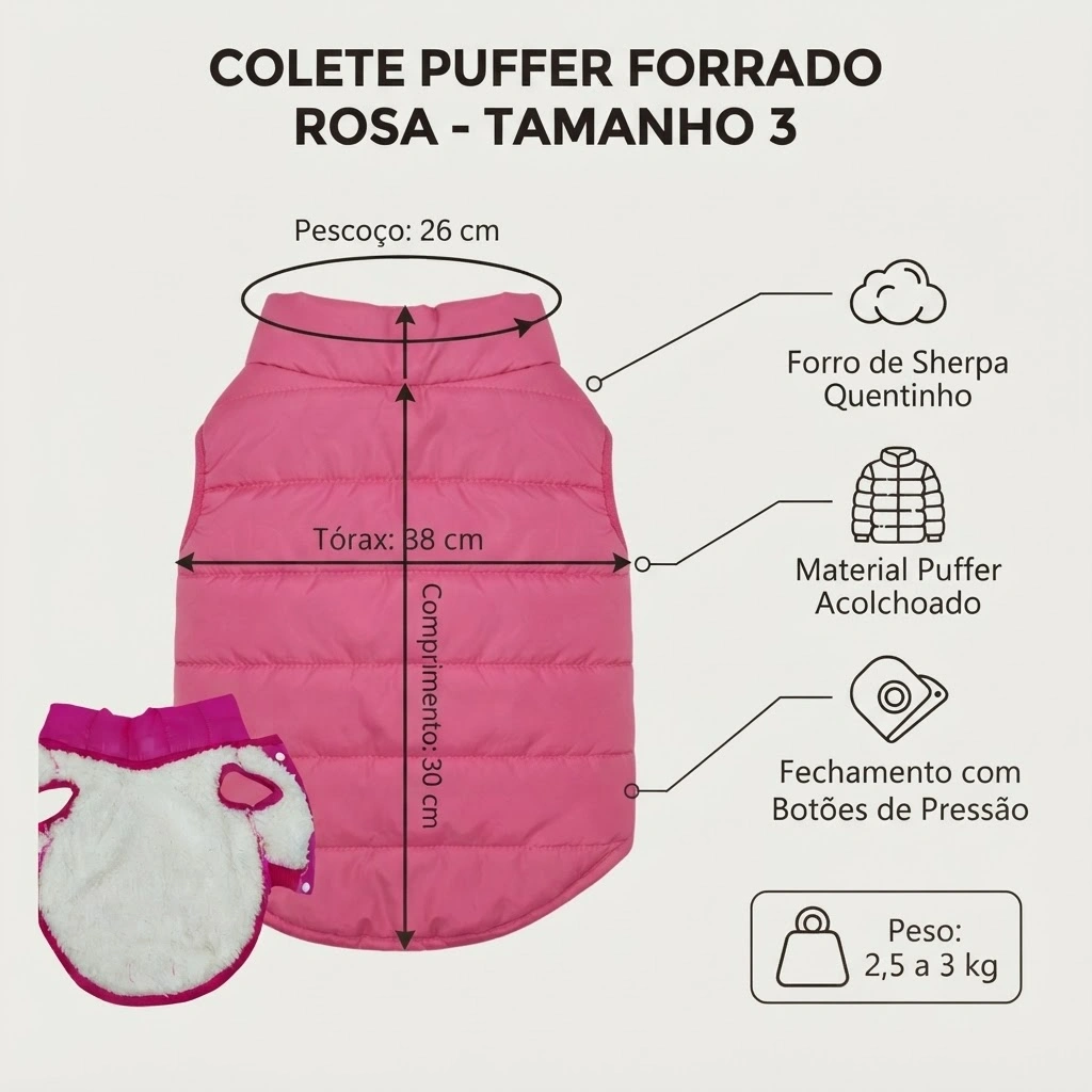 Colete Puffer Forrado Pet'Arts para Pets Rosa Tamanho 03 - imagem 4