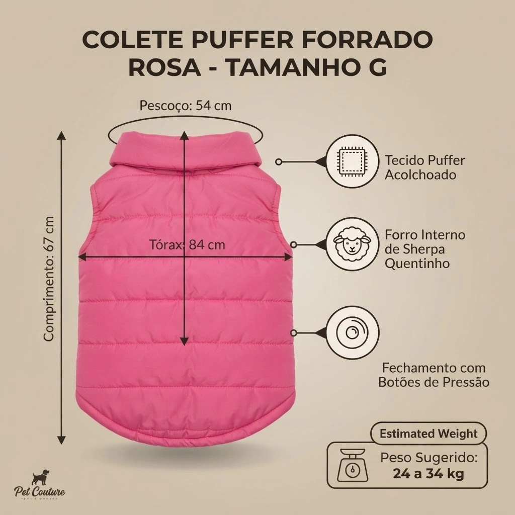 Colete Puffer Forrado Pet'Arts para Pets Rosa Tamanho G - imagem 3