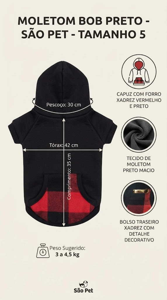 Moletom Pet'Arts Bob Preto para Pets Tamanho 05 - imagem 4