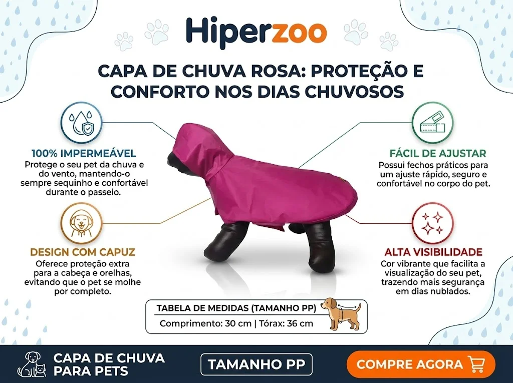  Capa de Chuva Pet'Arts Rosa para Pets Tamanho PP - imagem 2
