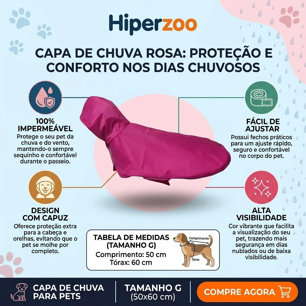  Capa de Chuva Pet'Arts Rosa para Pets Tamanho G - imagem 2