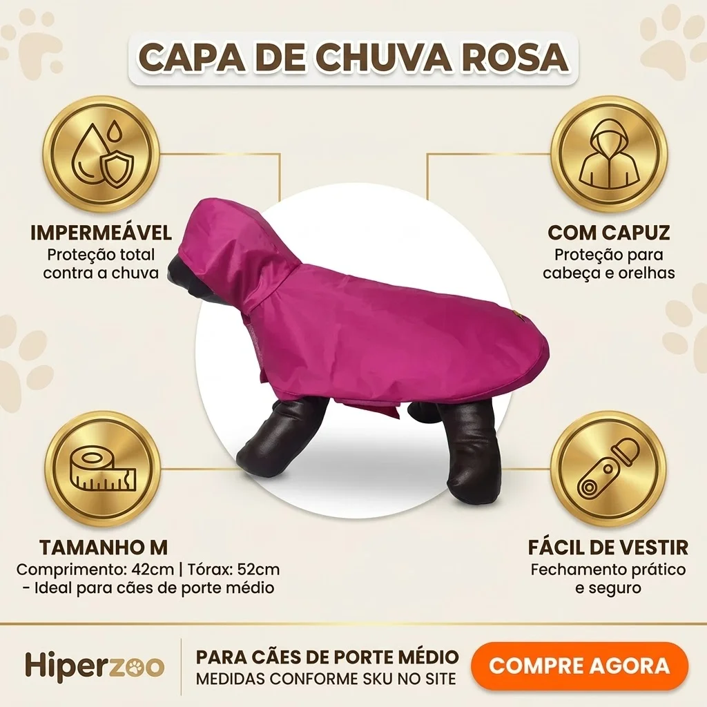  Capa de Chuva Pet'Arts Rosa para Pets Tamanho M - imagem 2