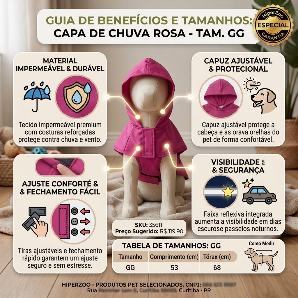  Capa de Chuva Pet'Arts Rosa para Pets Tamanho GG - imagem 2