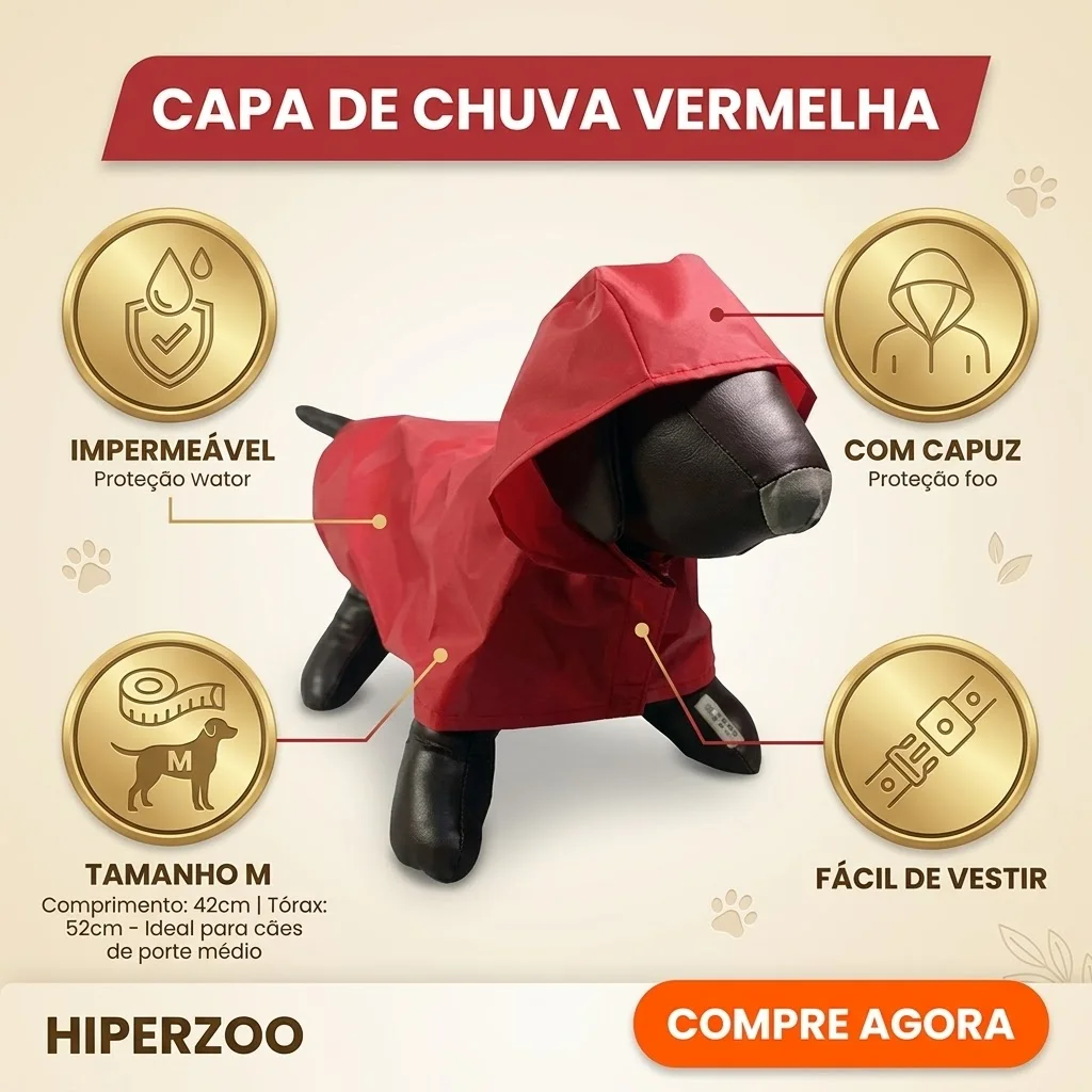  Capa de Chuva Pet'Arts Vermelha para Pets Tamanho M - imagem 2