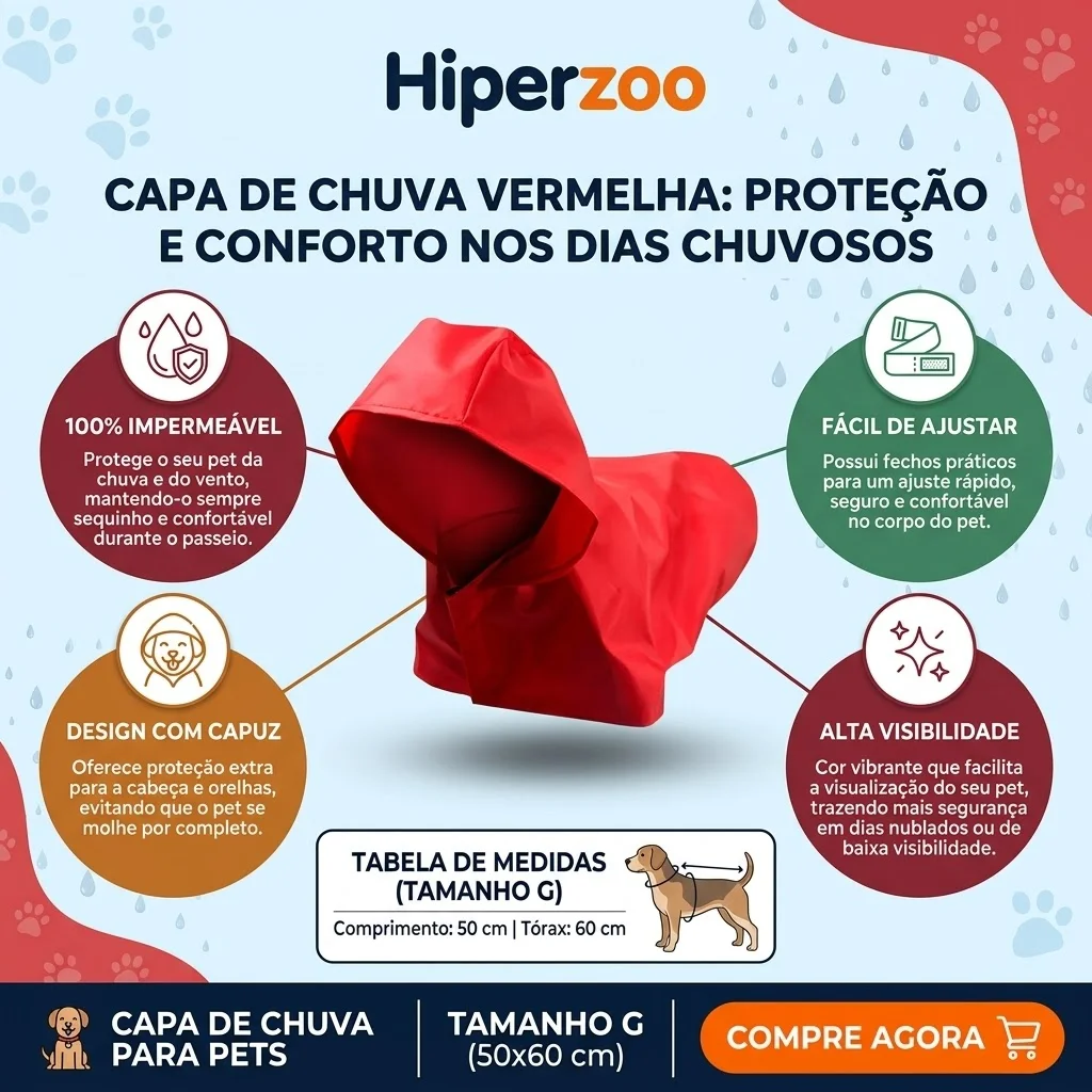  Capa de Chuva Pet'Arts Vermelha para Pets Tamanho G - imagem 2