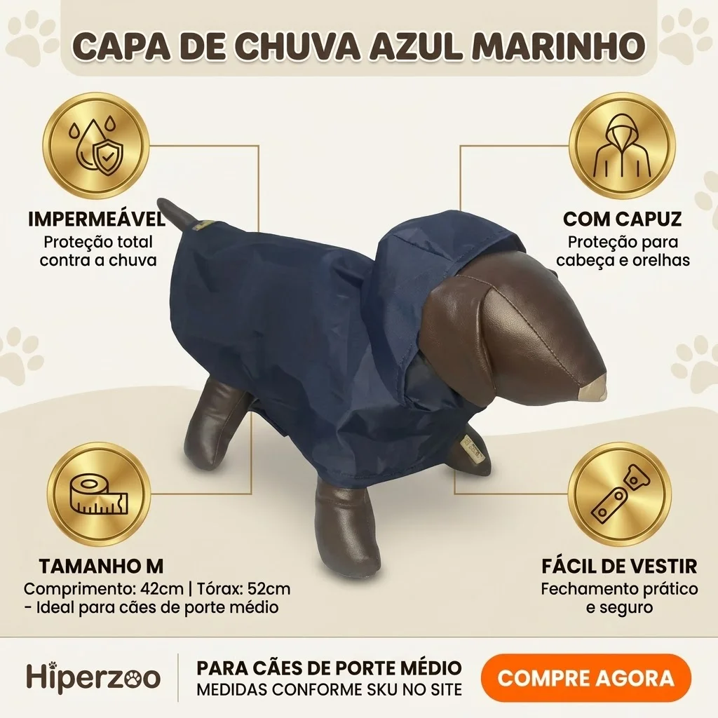  Capa de Chuva Pet'Arts Azul Marinho para Pets Tamanho M - imagem 2