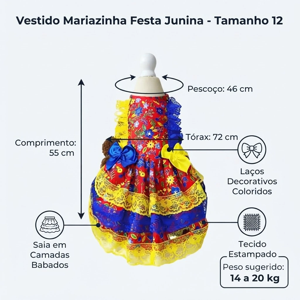 Vestido Mariazinha Modelo Festa Junina Pet'Arts para Pets Tamanho 12 - imagem 3