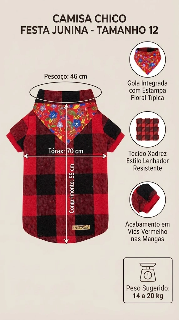Camisa Zezin Modelo Festa Junina Pet'Arts para Pets Tamanho 12 - imagem 4