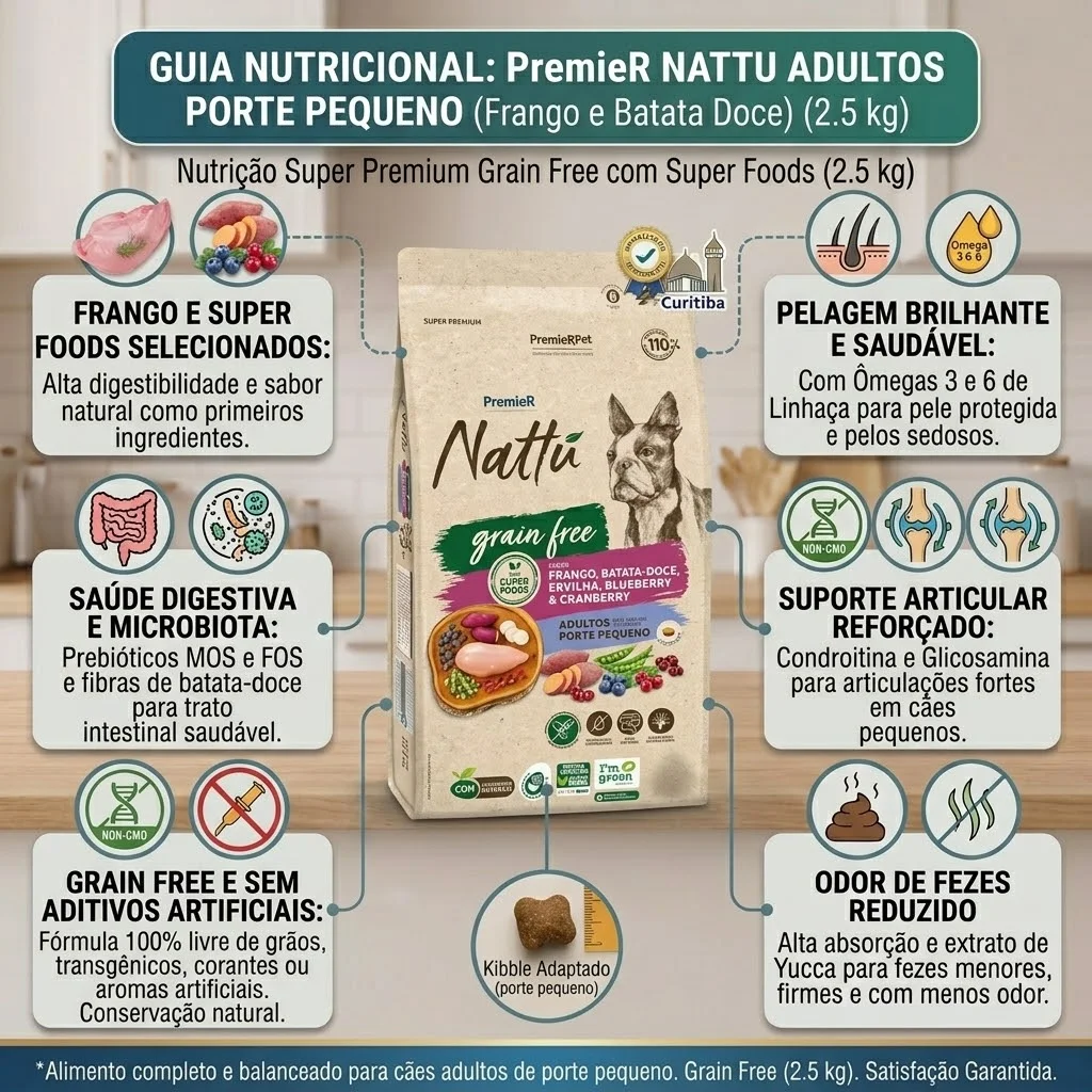 Ração PremieR Nattu para Cães Adultos de Porte Pequeno Grain Free Sabor Frango, Batata Doce, Ervilha, Blueberry e Cranberry 2,5Kg - imagem 2