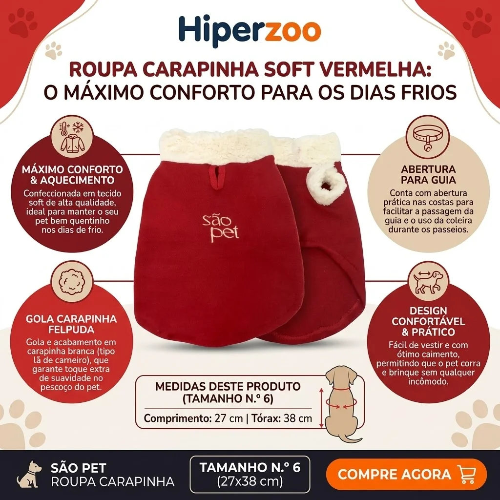 Roupa São Pet em Tecido Soft com Carapinha Tamanho 6 Cor Vermelha - imagem 2