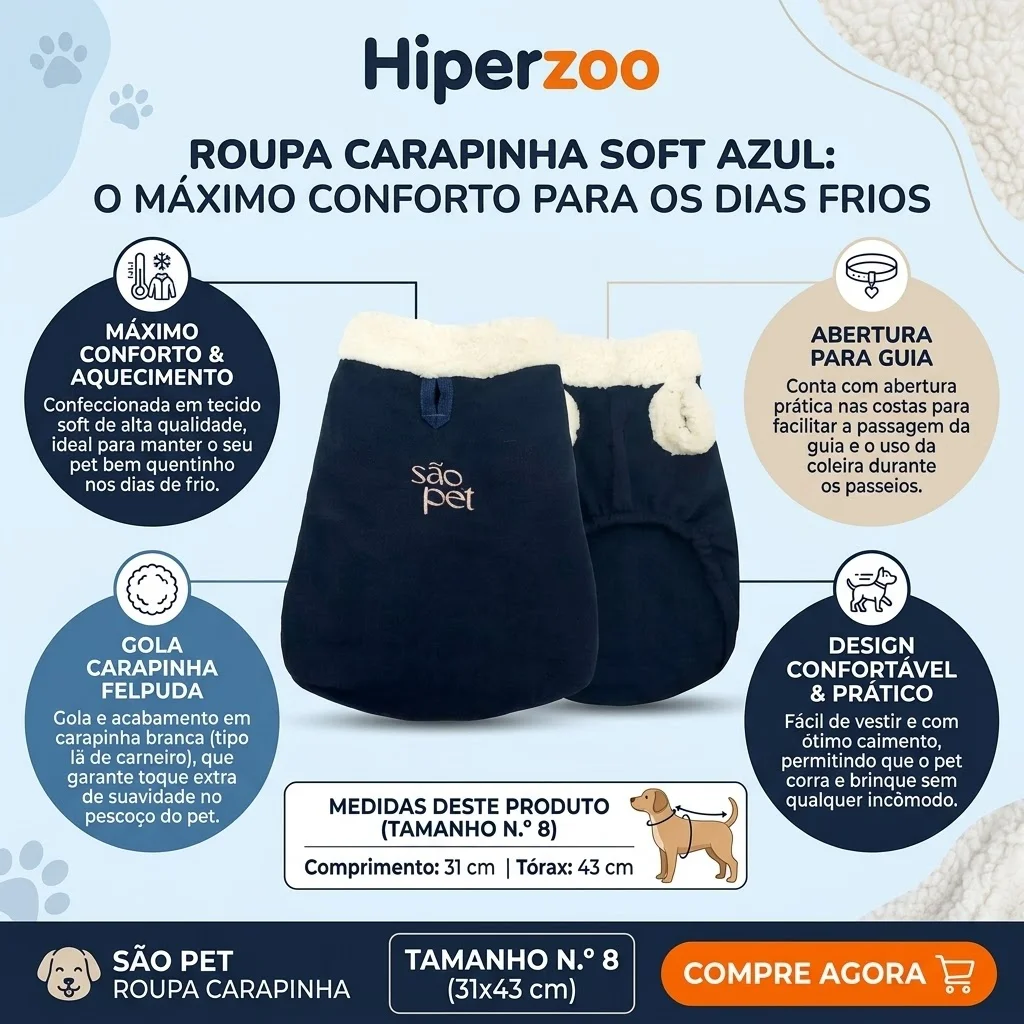 Roupa São Pet em Tecido Soft com Carapinha Tamanho 8 Cor Azul - imagem 2