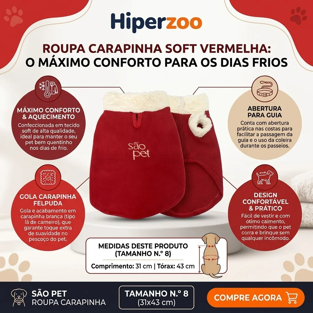 Roupa São Pet em Tecido Soft com Carapinha Tamanho 8 Cor Vermelha - imagem 2