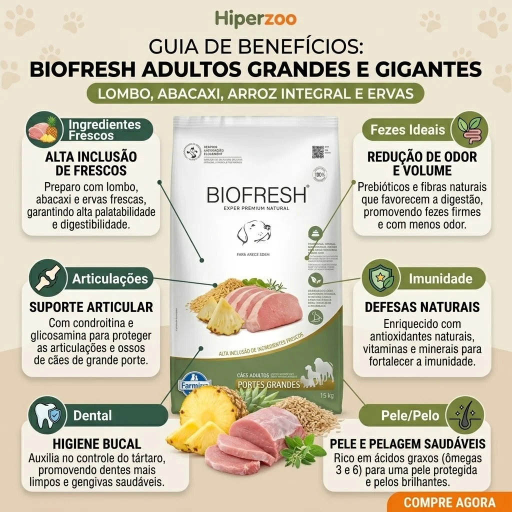 Ração Biofresh para Cães Adultos Porte Grande e Gigante Sabor Lombo, Abacaxi, Arroz Integral e Ervas 15Kg - imagem 2