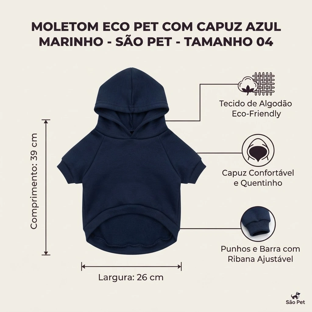 Moletom Eco Pet Com Capuz Azul Marinho Para Cães Tamanho 4 - imagem 2