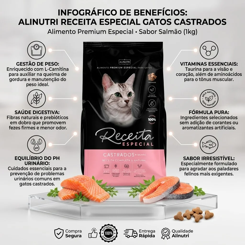 Ração Seca Alinutri Receita Especial Premium para Gatos Adultos Castrados Sabor Salmão 1KG - imagem 2
