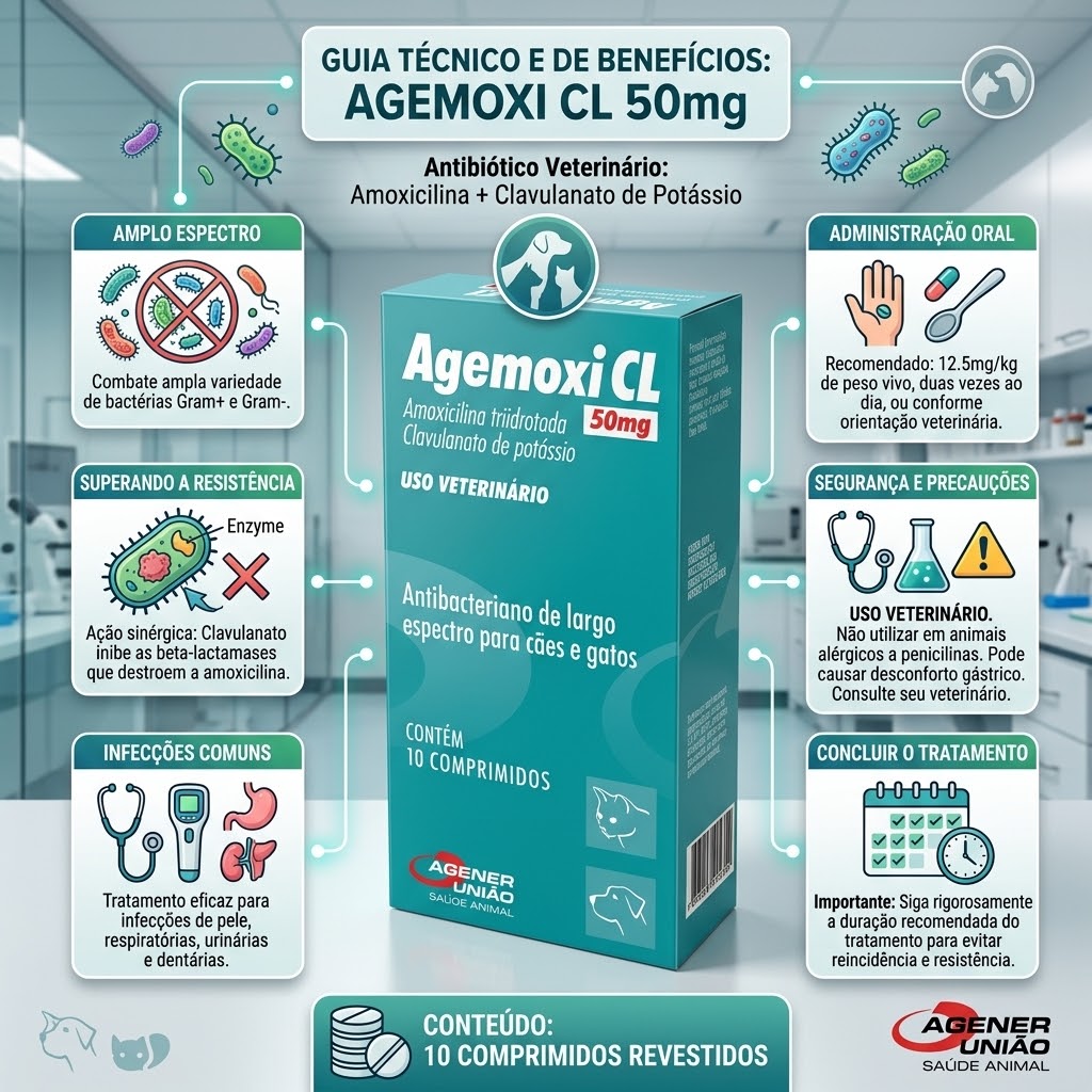 Antibiótico Agener União Agemoxi CL 50mg para Cães e Gatos com 10 compridos - imagem 2