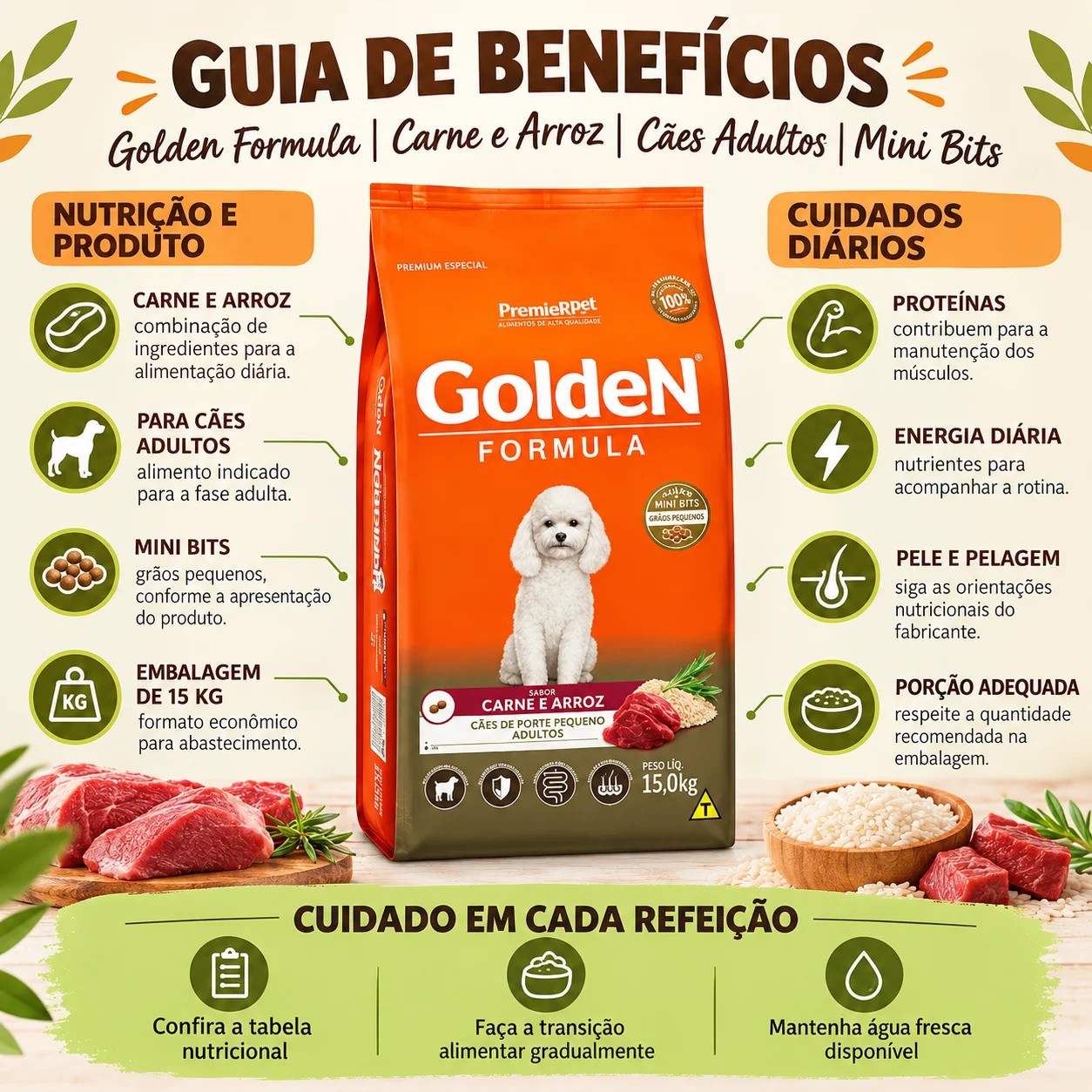 Ração GoldeN Formula Cães Adultos Porte Pequeno Sabor Carne e Arroz 15Kg - imagem 2