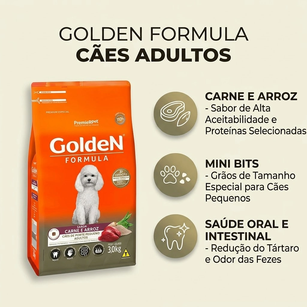 Ração GoldeN Formula Cães Adultos Porte Pequeno Sabor Carne e Arroz 3Kg - imagem 2