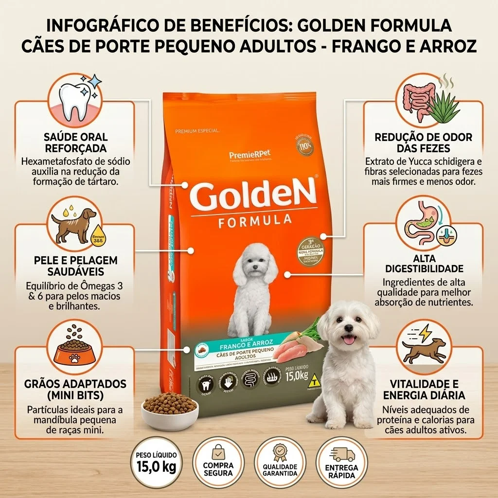 Ração GoldeN Formula Mini Bits Cães Adultos Porte Pequeno Sabor Frango e Arroz 15Kg - imagem 2