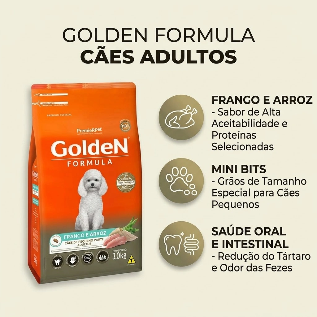 Ração GoldeN Formula Mini Bits Cães Adultos Porte Pequeno Sabor Frango e Arroz 3Kg - imagem 2