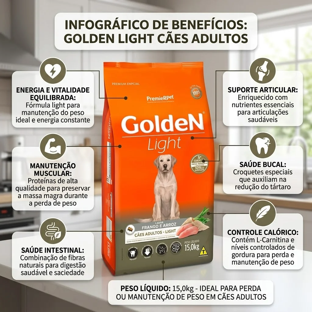 Ração GoldeN Formula Cães Adultos Light Sabor Frango e Arroz 15Kg - imagem 2