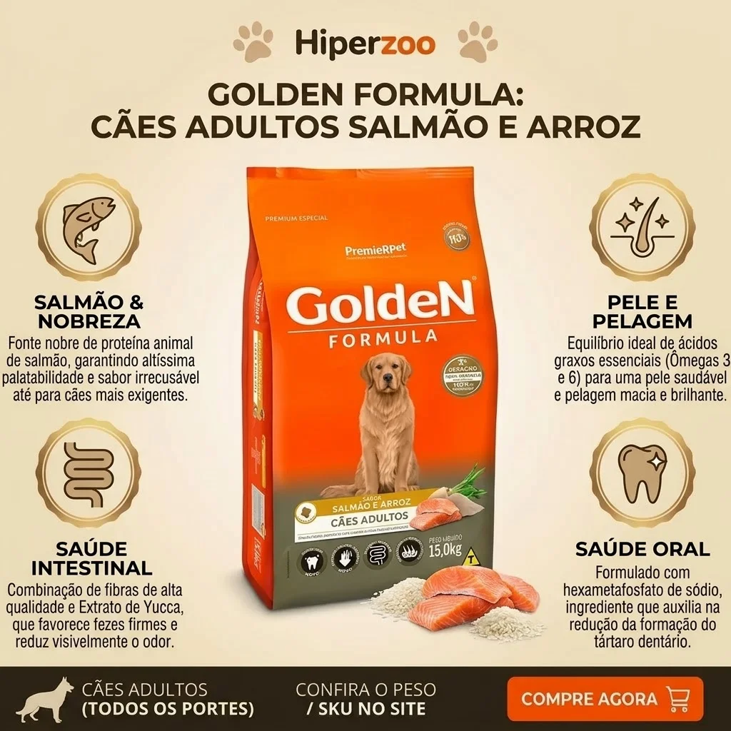Ração GoldeN Formula Cães Adultos Sabor Salmão e Arroz 15Kg - imagem 2