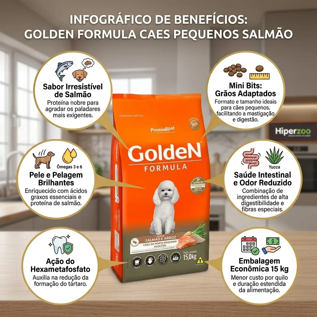 GoldeN Formula Mini Bits Cães Adultos Porte Pequeno Sabor Salmão & Arroz 15Kg - imagem 2