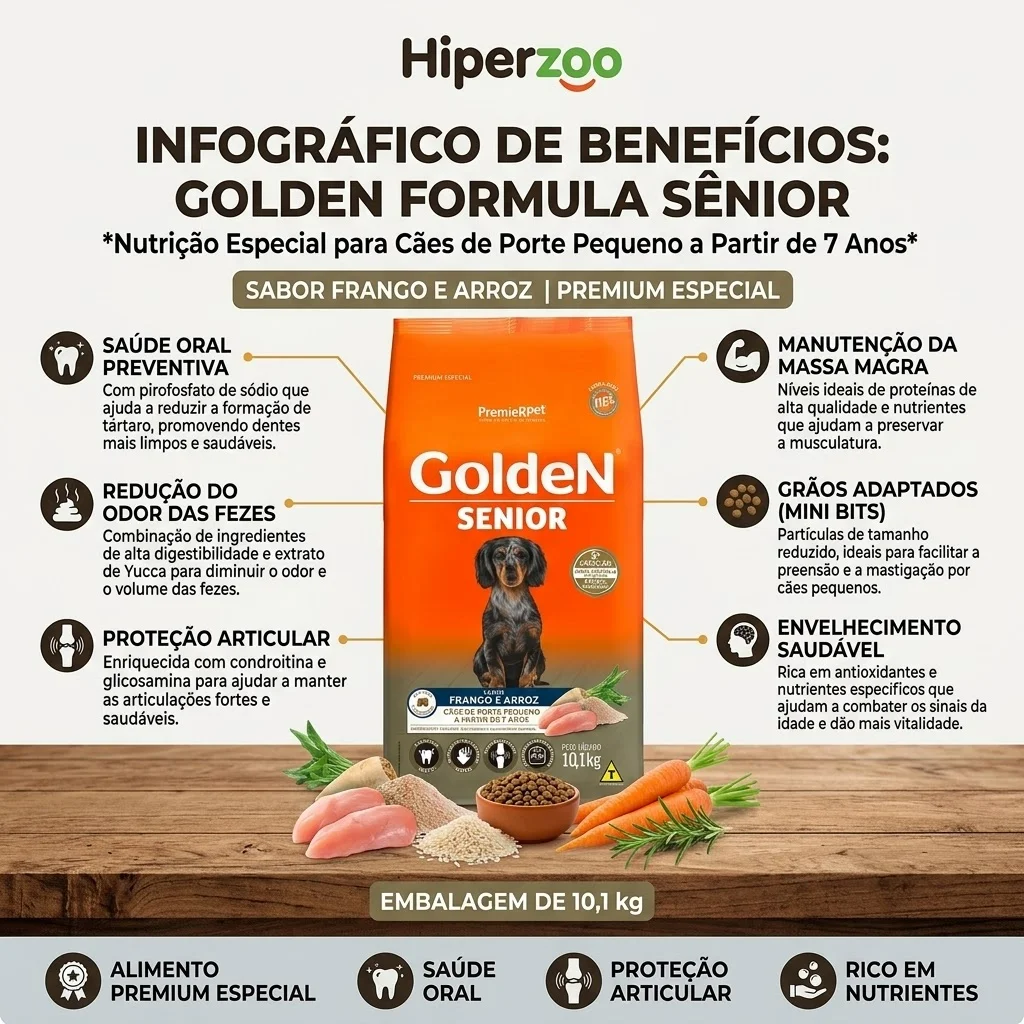 Ração GoldeN Formula Mini Bits Cães Seniores Porte Pequeno Frango e Arroz 10,1Kg - imagem 2