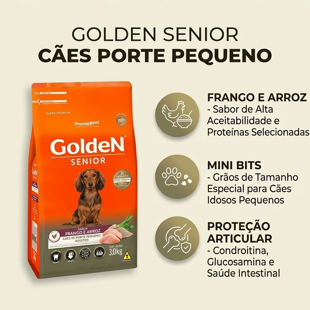 Ração GoldeN Formula Mini Bits Cães Seniores Porte Pequeno Frango e Arroz 3Kg - imagem 2